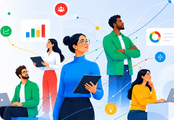 Diverse group of professionals working with laptops and tablets, surrounded by business icons and graphs.