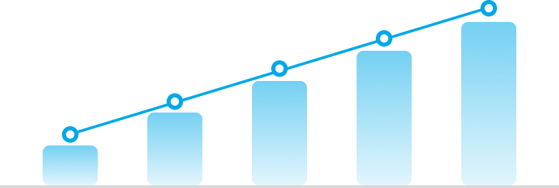 Blue bar chart with five ascending bars connected by a line with dots, indicating growth or progress.