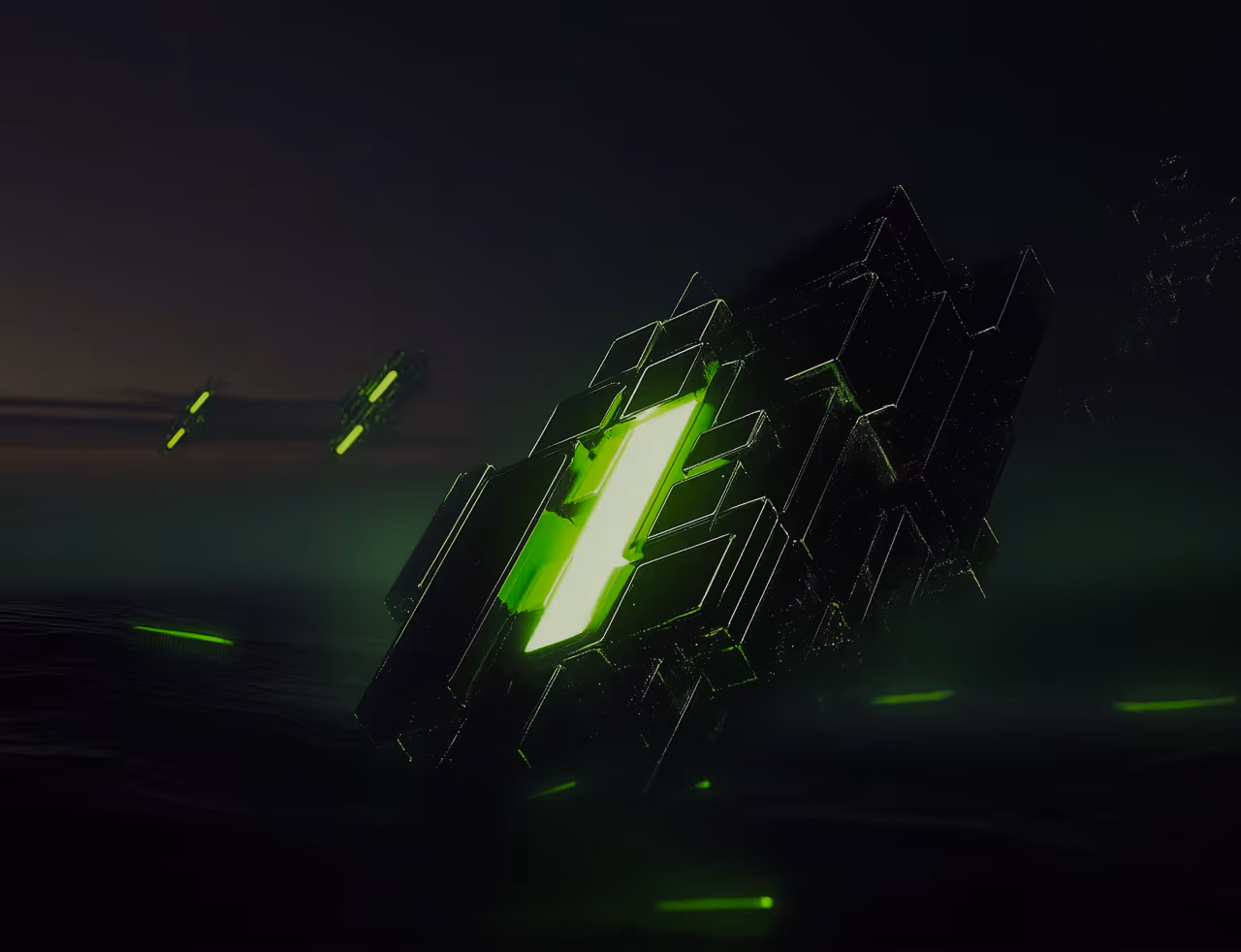 Dark 3D abstract cubes with glowing green centers floating in black space.