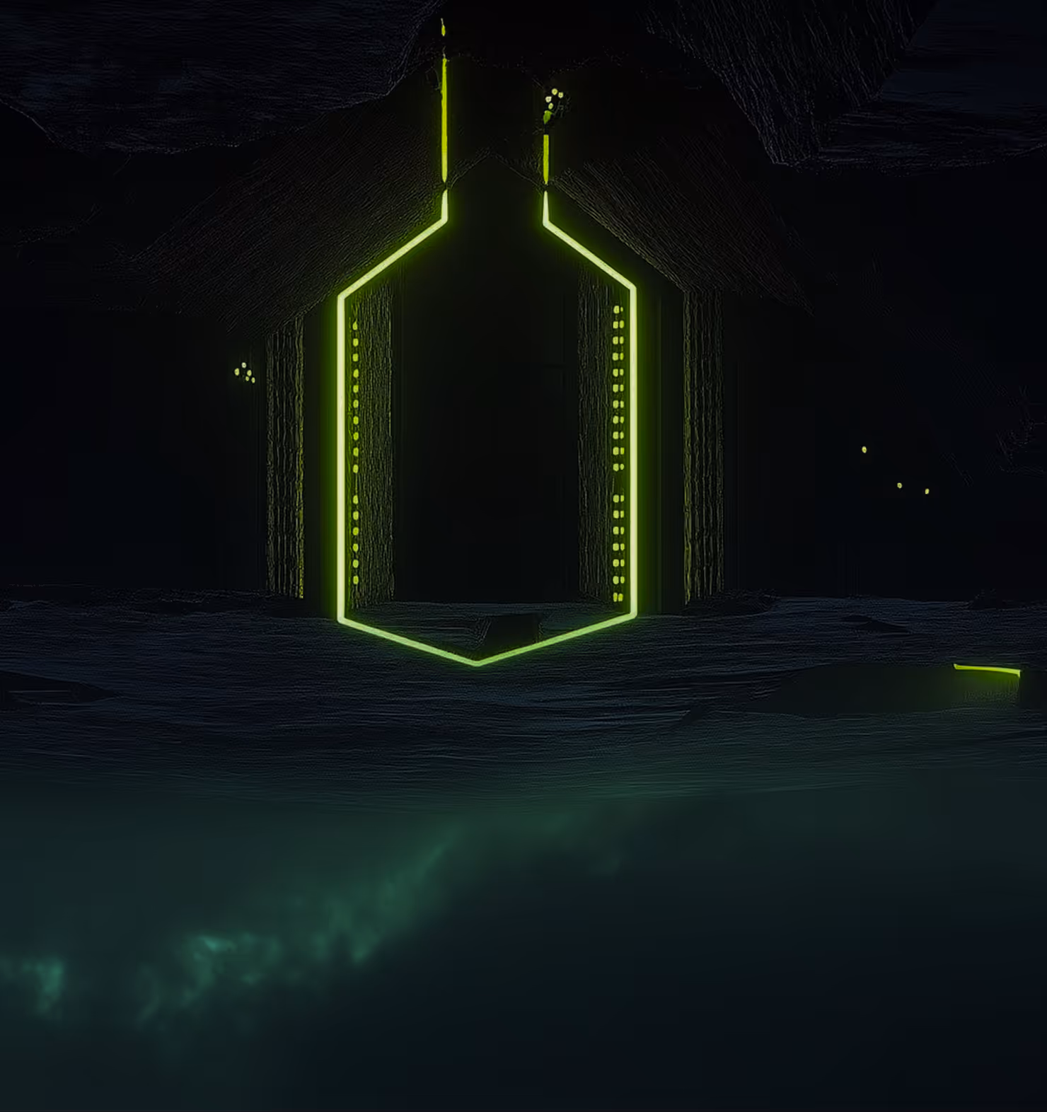 Dark scene with neon green glowing geometric frame and textured surfaces under dim light.