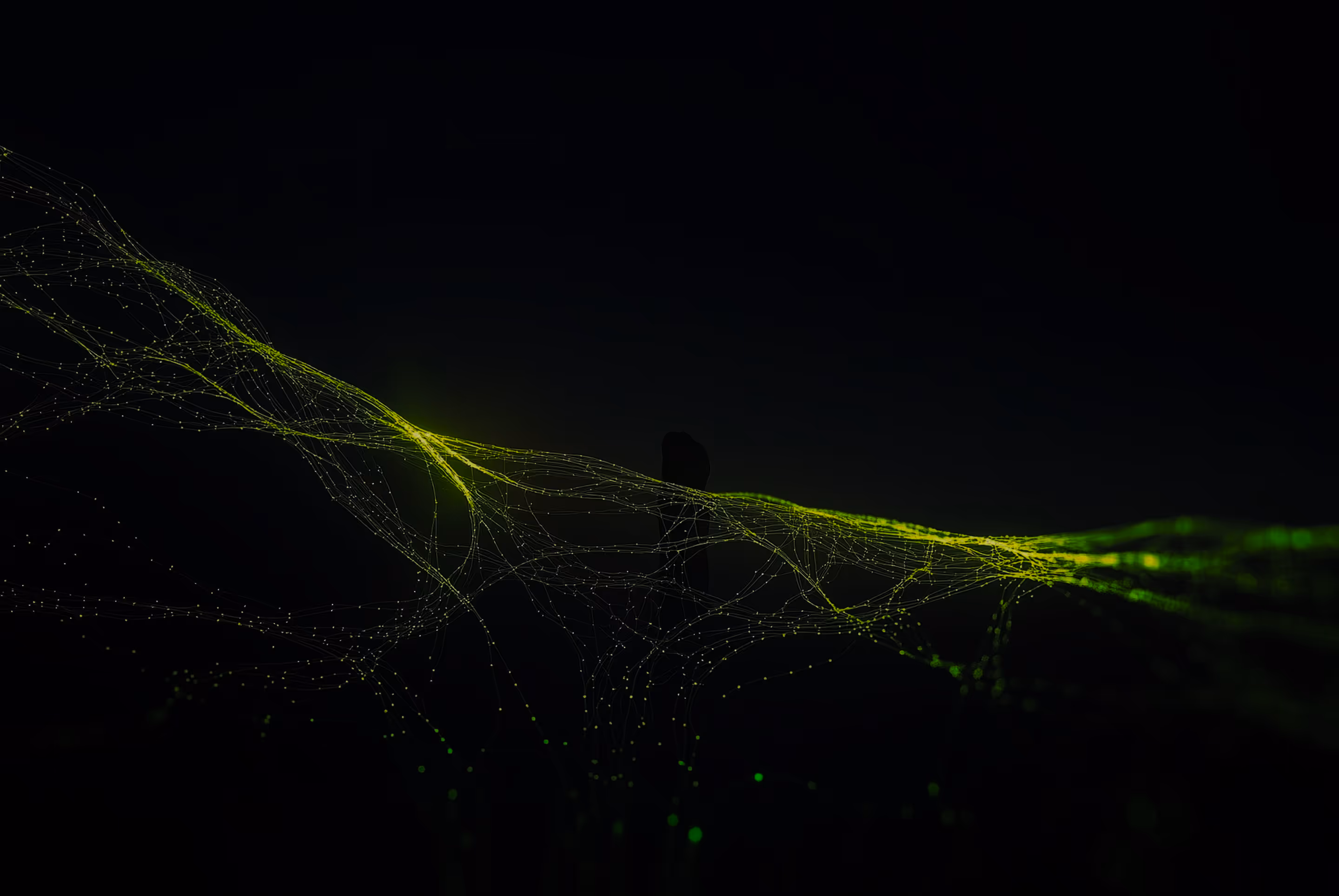 Abstract digital network with glowing green lines and dots on a dark background.