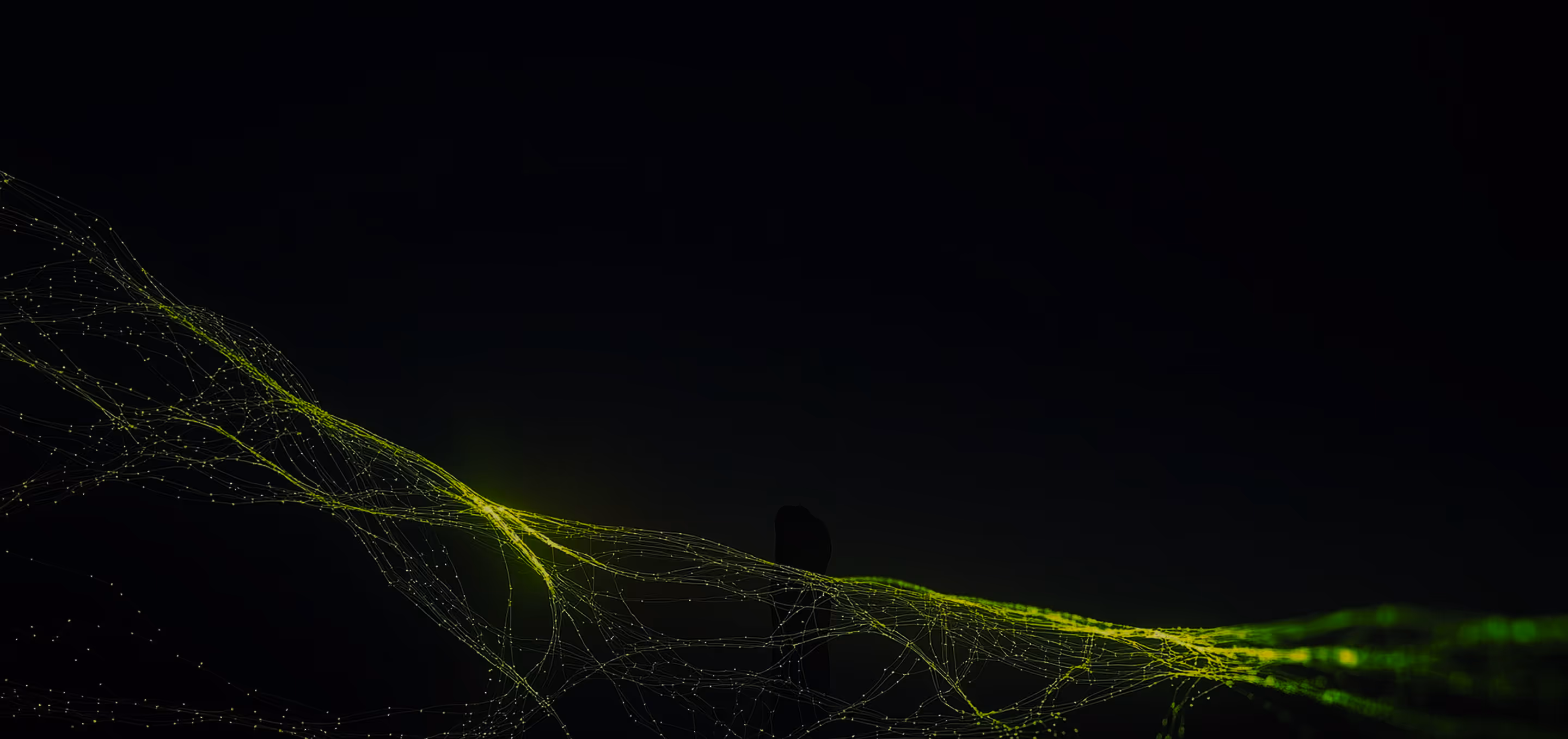 Green glowing network lines forming wave patterns on a dark background.