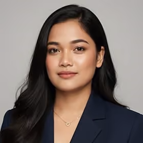 Portrait of a woman with long black hair wearing a navy blazer and heart-shaped necklace.