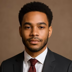 Portrait of a young man wearing a dark suit, white shirt, and red tie against a brown background.