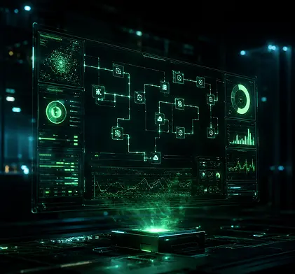 Enterprise AI infrastructure connected through intelligent automation, cloud integration, and smart business systems