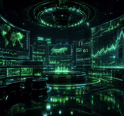 AI command center displaying real-time business intelligence, predictive analytics, and enterprise data monitoring