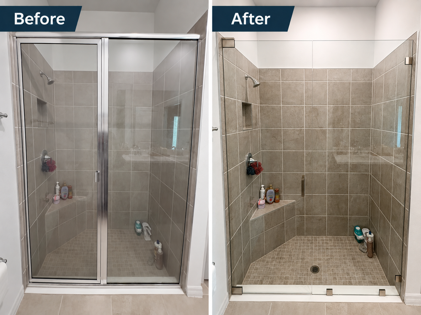 Before and after frameless sliding shower door installation in Tampa Bay