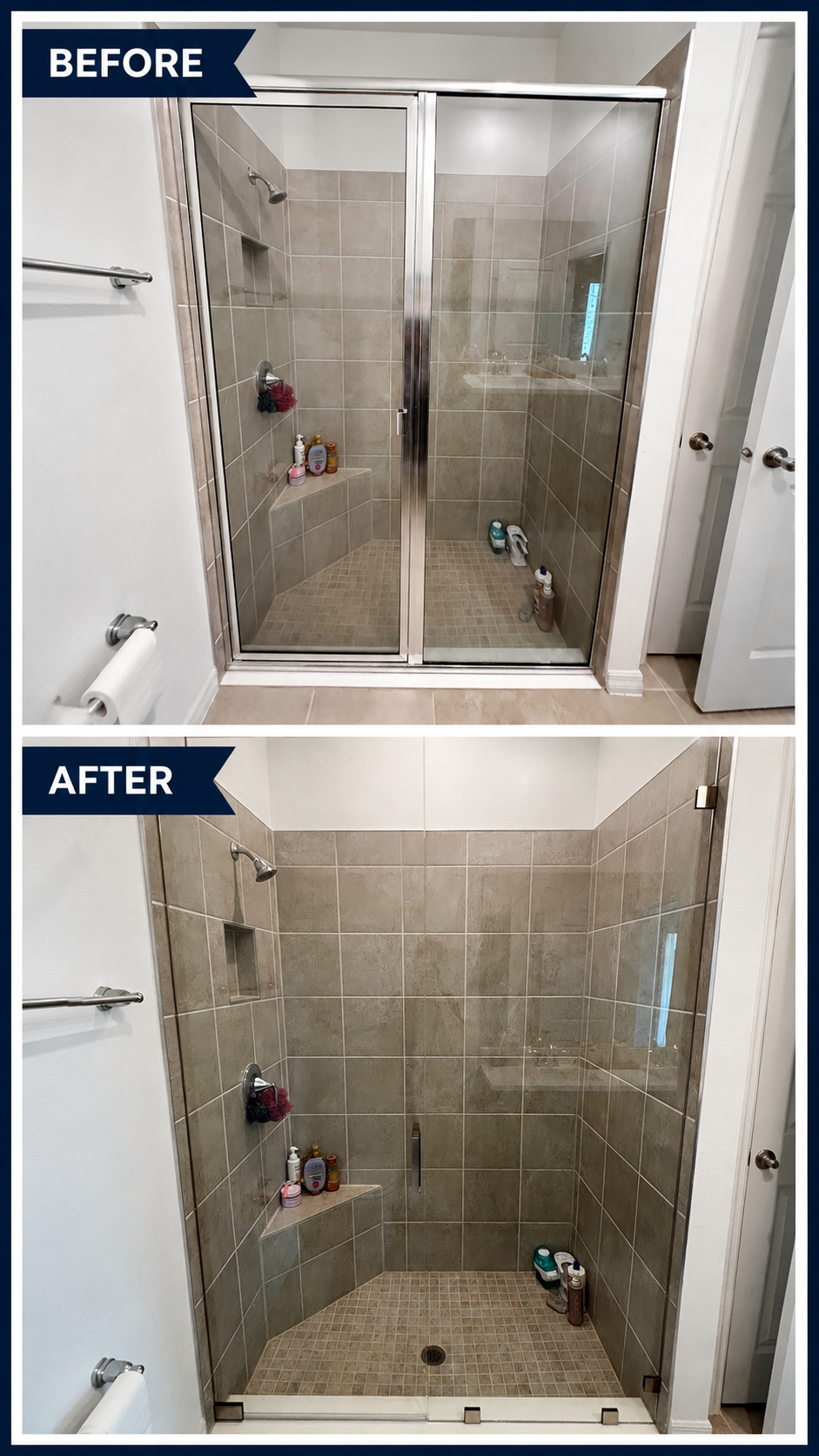 Before and after frameless sliding shower door installation in Tampa Bay