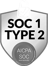 Silver shield with a padlock icon and text SOC 1 TYPE 2 with AICPA SOC emblem below.