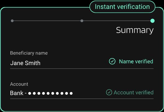Nium Verify summary showing verified beneficiary name and masked account details