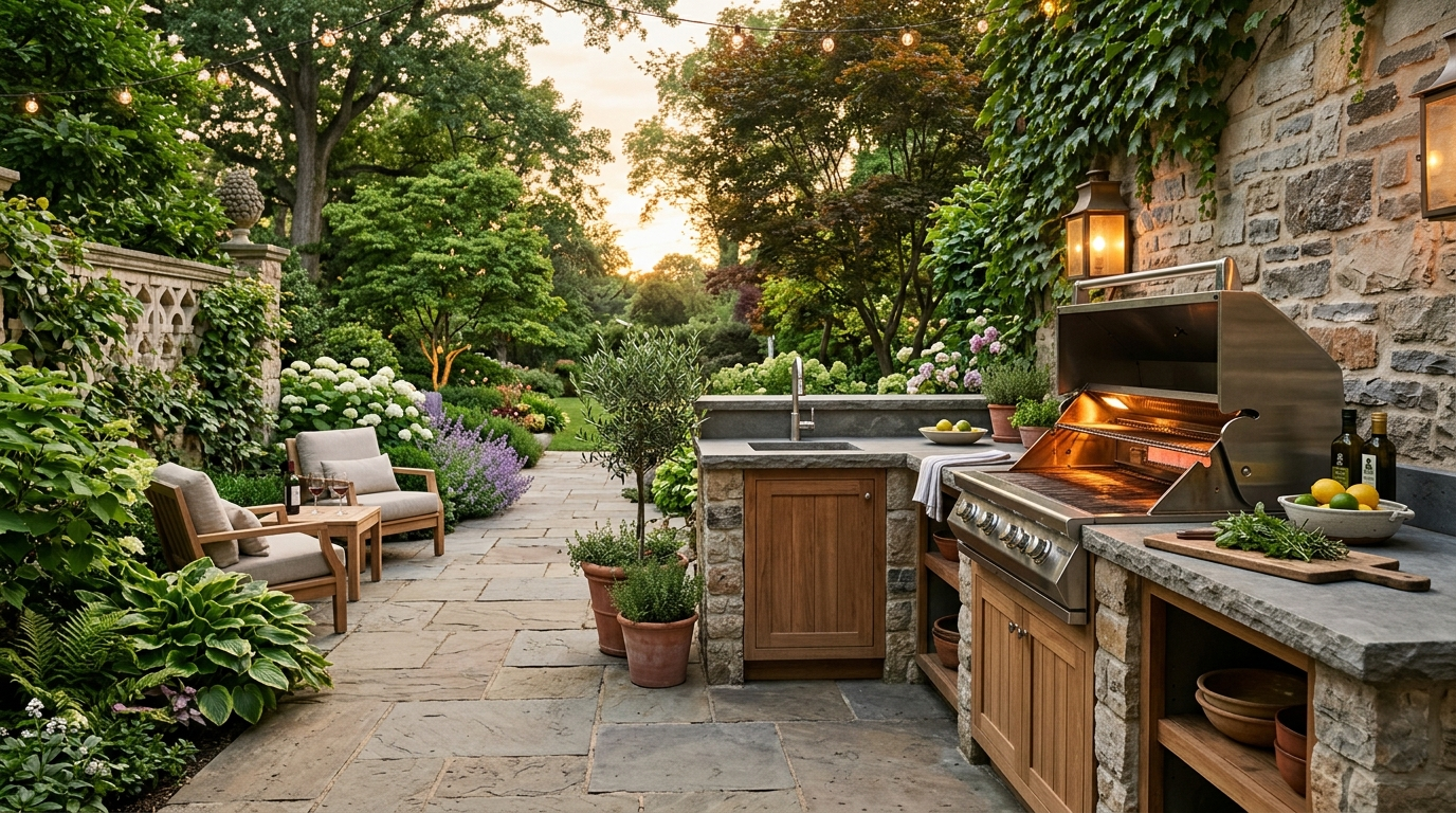Elegante Outdoorküche auf einer Terrasse mit wetterfesten Materialien