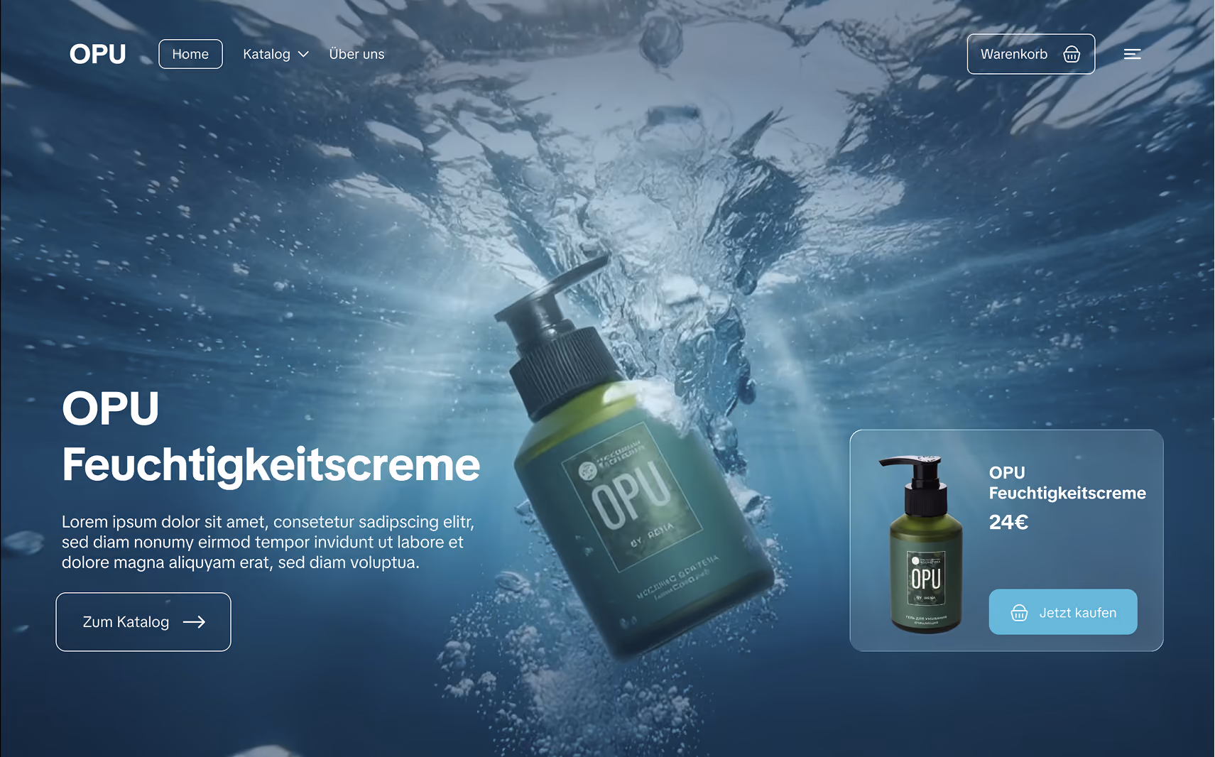 E-Commerce-Landingpage für OPU Feuchtigkeitscreme mit Unterwasser-Produktfoto und Sofort-Kauf-Sektion