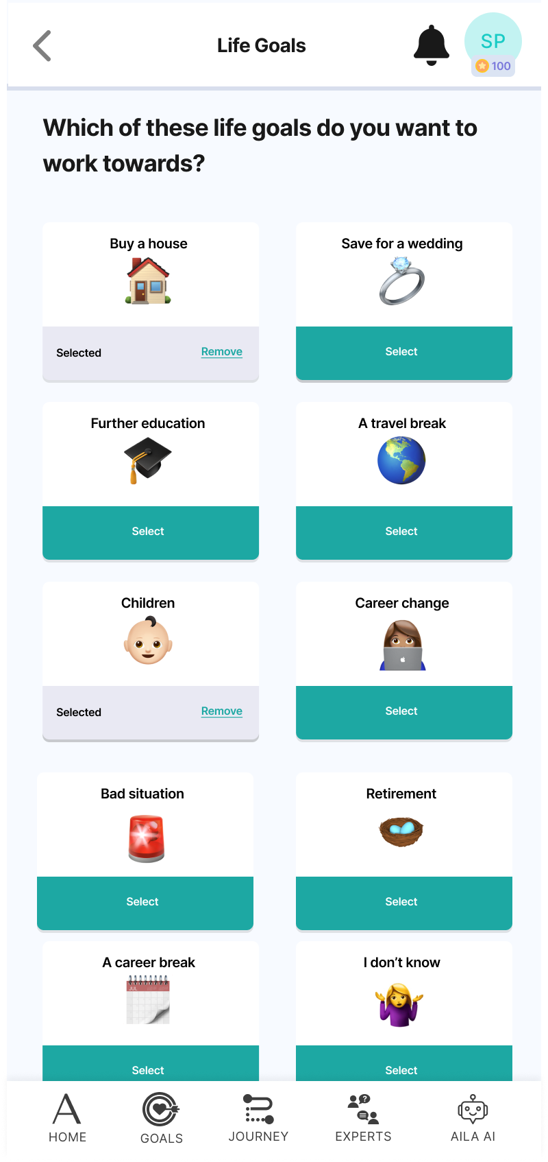 Life goals lifestyle screen in Aila app