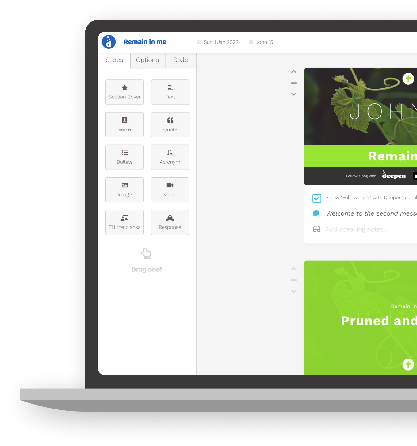 Screenshot of the sermon builder in the Deepen web app 