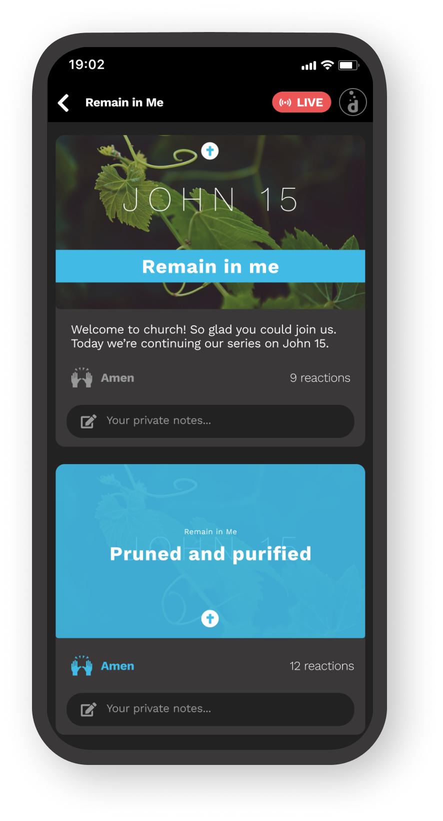 Screenshot of the Deepen church smartphone app