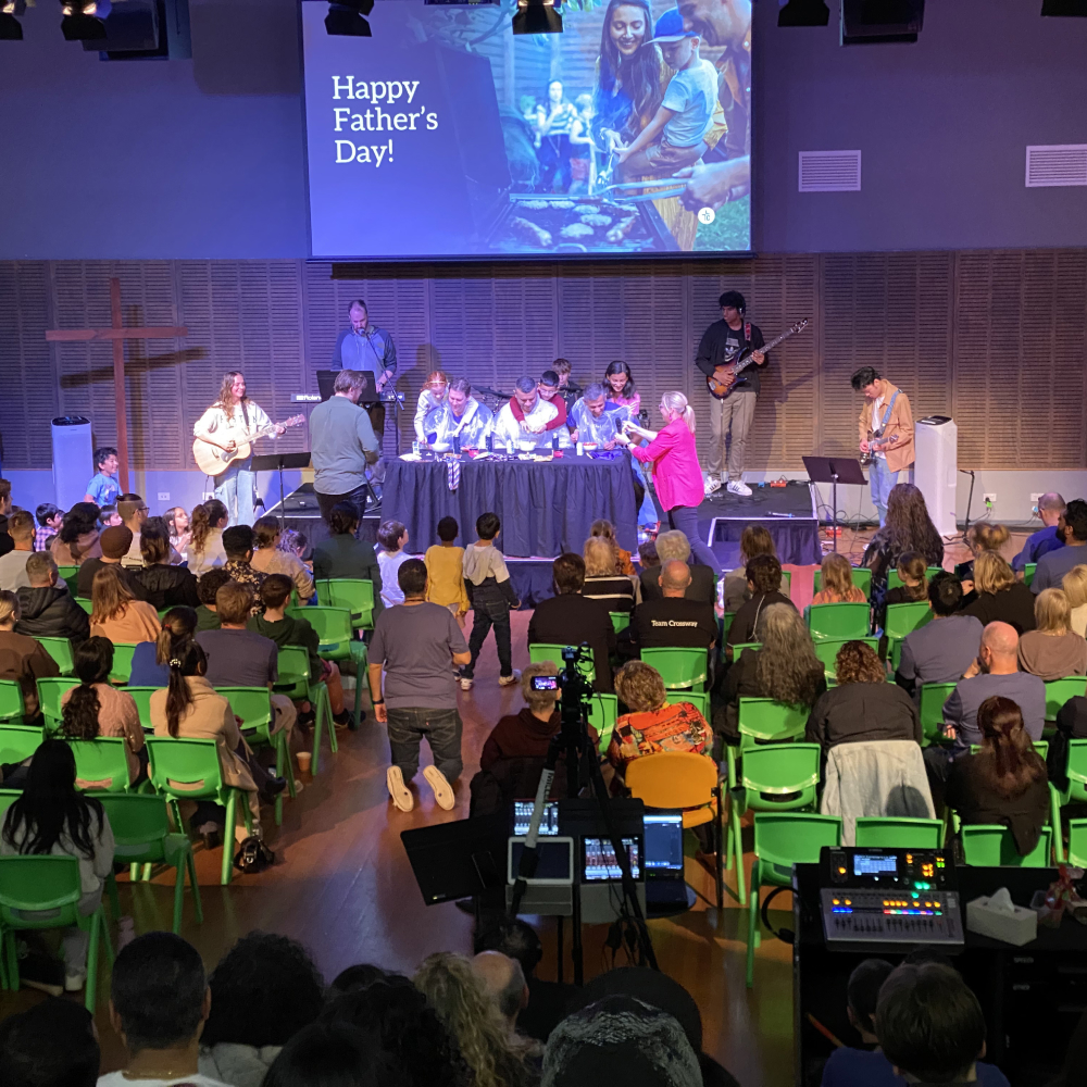 A wide photo of a church service
