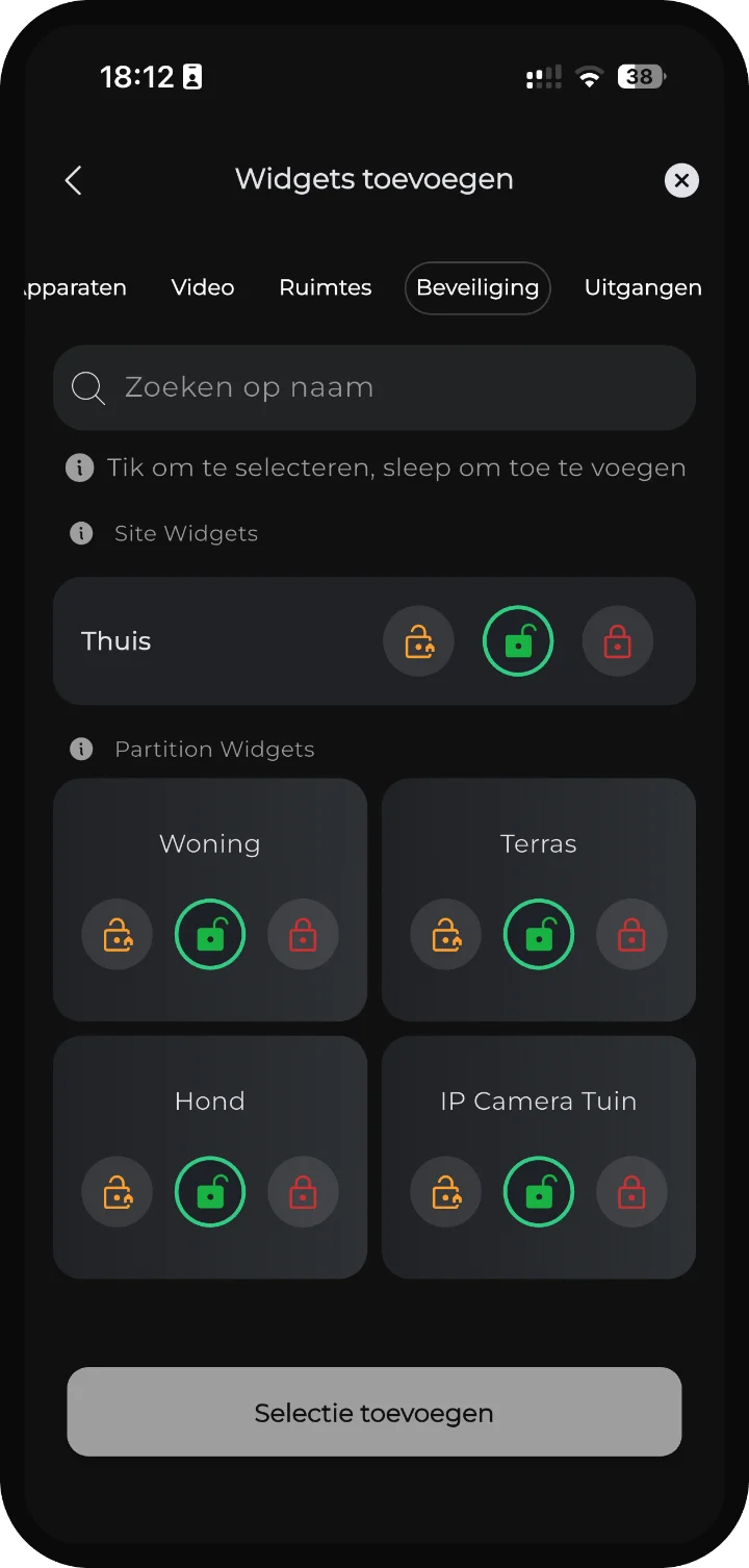 iRISCO-app — Widgets toevoegen, tabblad Beveiliging
