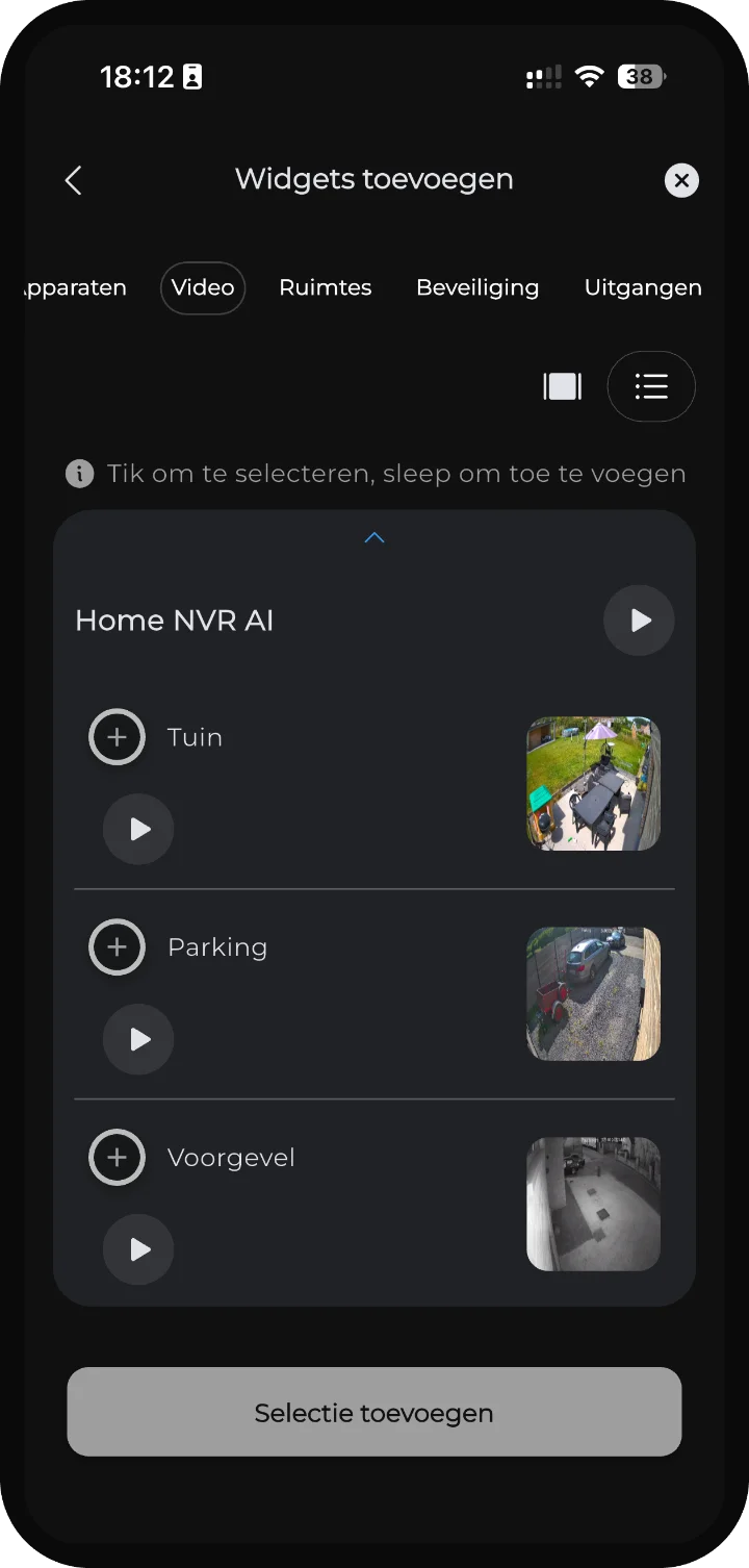 iRISCO-app — Widgets toevoegen, tabblad Video