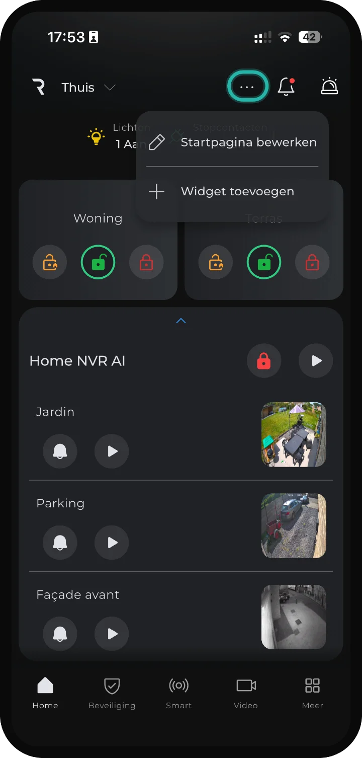 iRISCO-app — startpagina; de knop met de drie puntjes is gemarkeerd