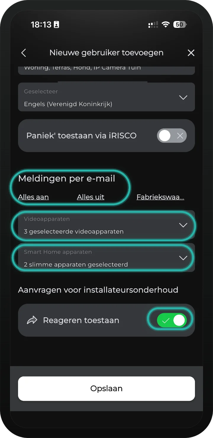 iRISCO-app — onderkant van het formulier nieuwe gebruiker met meldingen, video, Smart Home en Opslaan