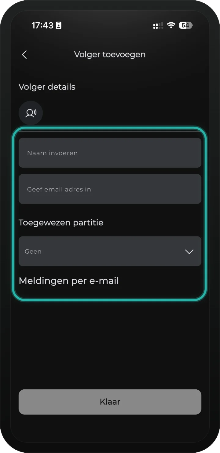 iRISCO-app — formulier voor een nieuwe volger met de partitiekeuze gemarkeerd