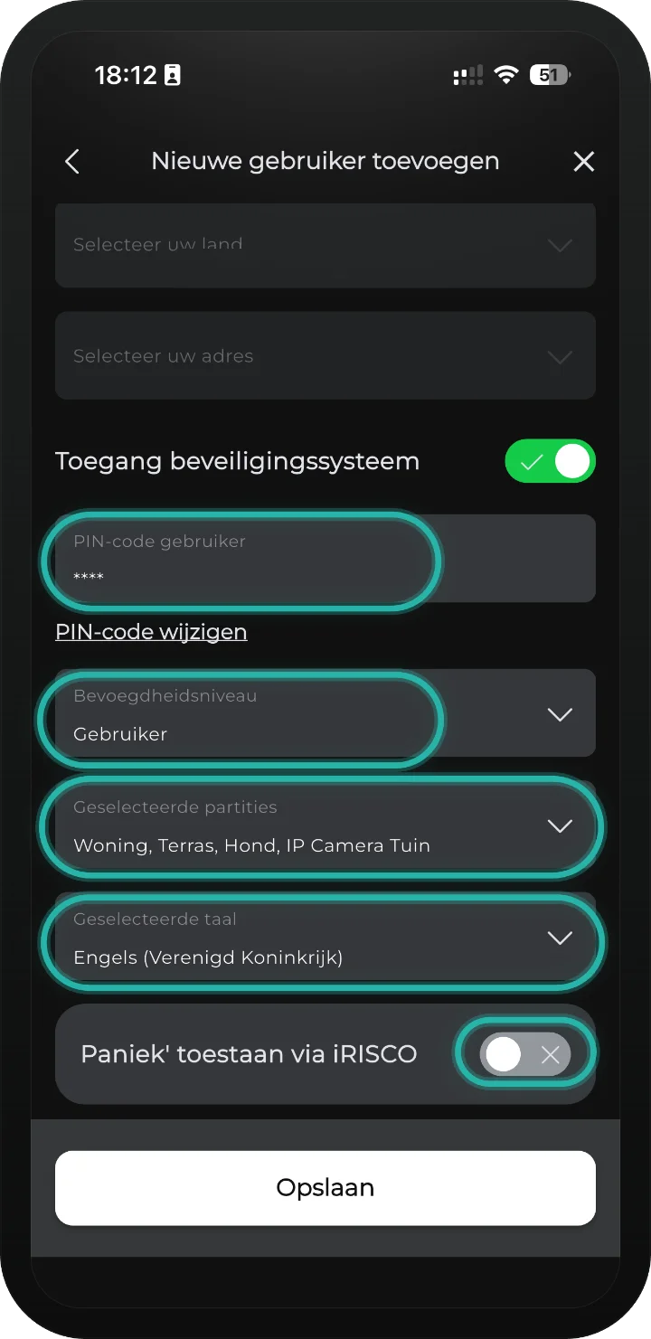 iRISCO-app — bovenkant van het formulier nieuwe gebruiker met identiteit, toegang en partities