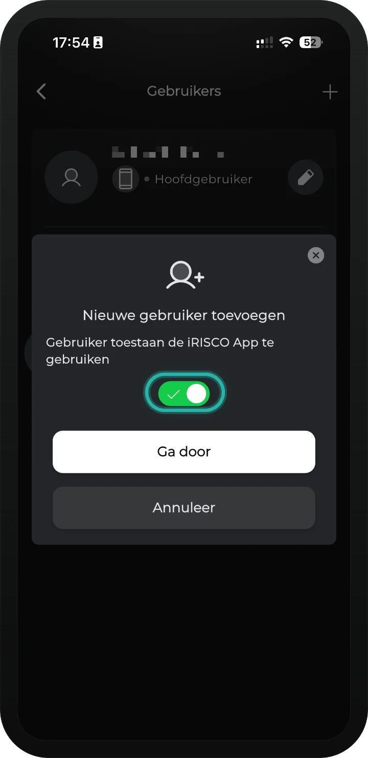 iRISCO-app — dialoog om de gebruiker app-toegang te geven, de schakelaar is gemarkeerd
