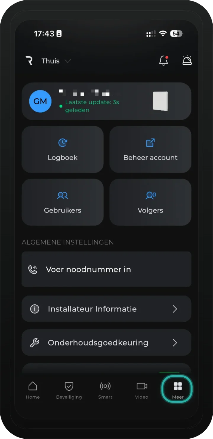 iRISCO-app — tabblad Meer met de kaart Volgers gemarkeerd