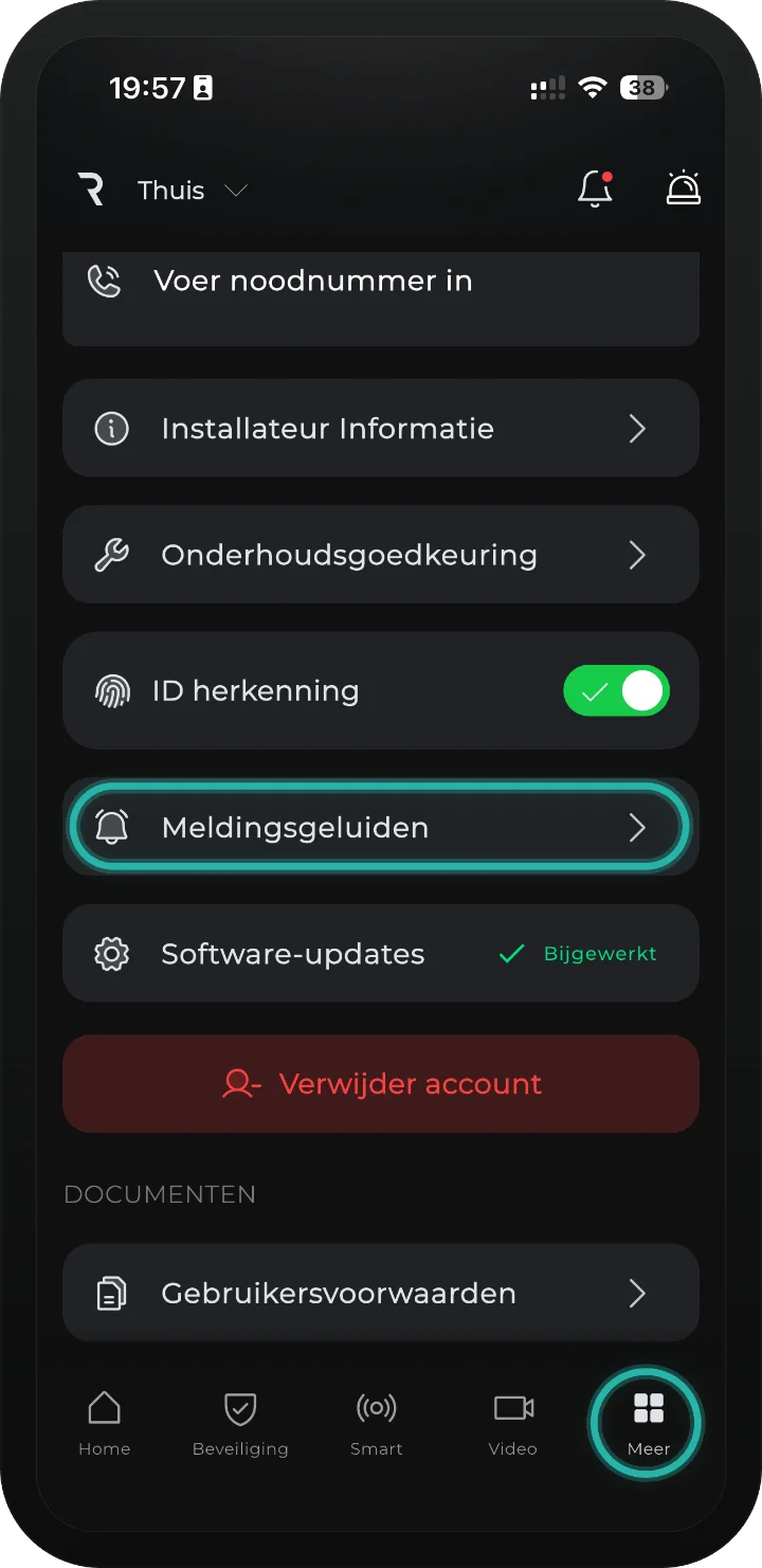 iRISCO-app — tabblad Meer met de knop Meldingsgeluiden gemarkeerd