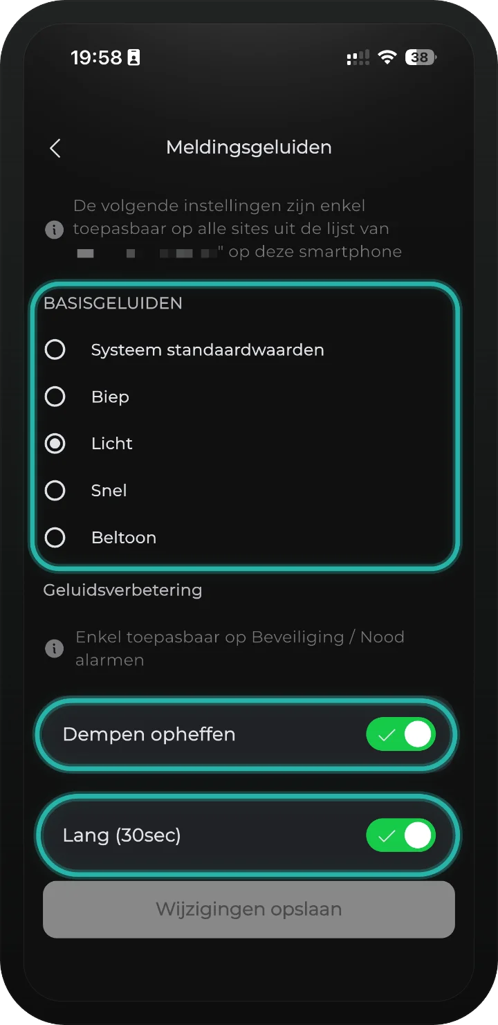 iRISCO-app — scherm Meldingsgeluiden met de basisgeluiden en de schakelaars Dempen opheffen en Lang (30sec) gemarkeerd