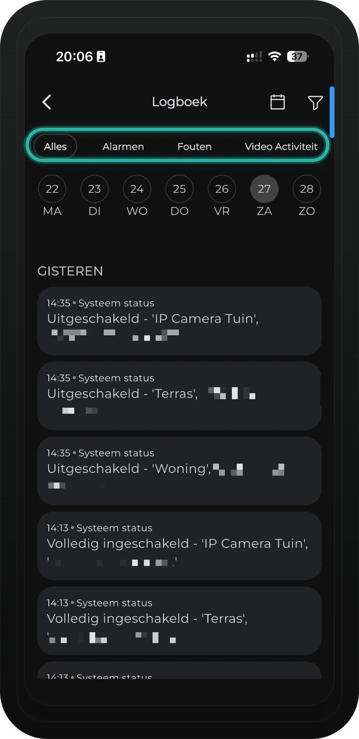 iRISCO-app — tabblad Meer met de knop Logboek gemarkeerd