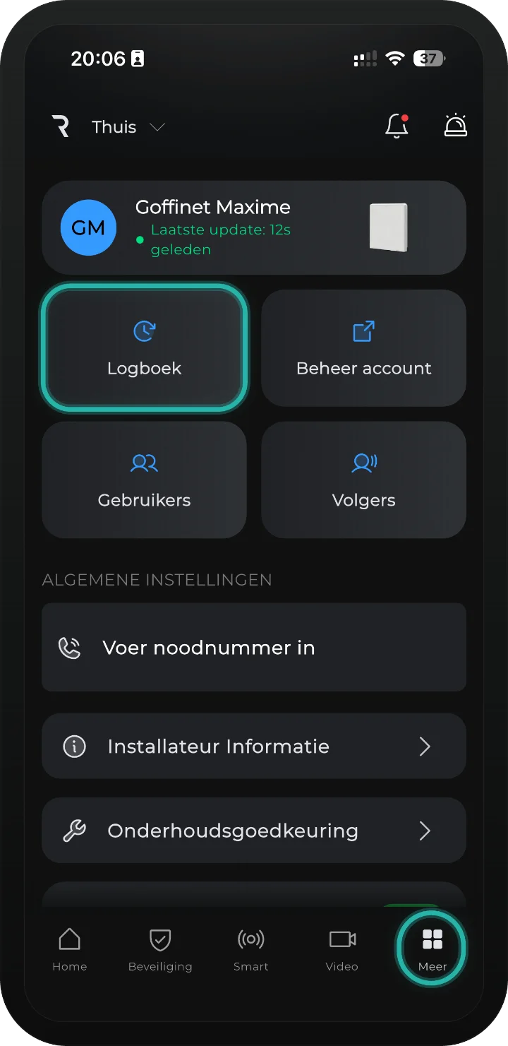 iRISCO-app — tabblad Meer met de knop Logboek gemarkeerd