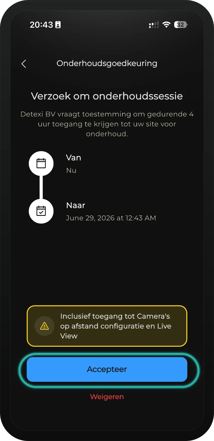 iRISCO-app — scherm Verzoek om onderhoudssessie met de knop Accepteer gemarkeerd