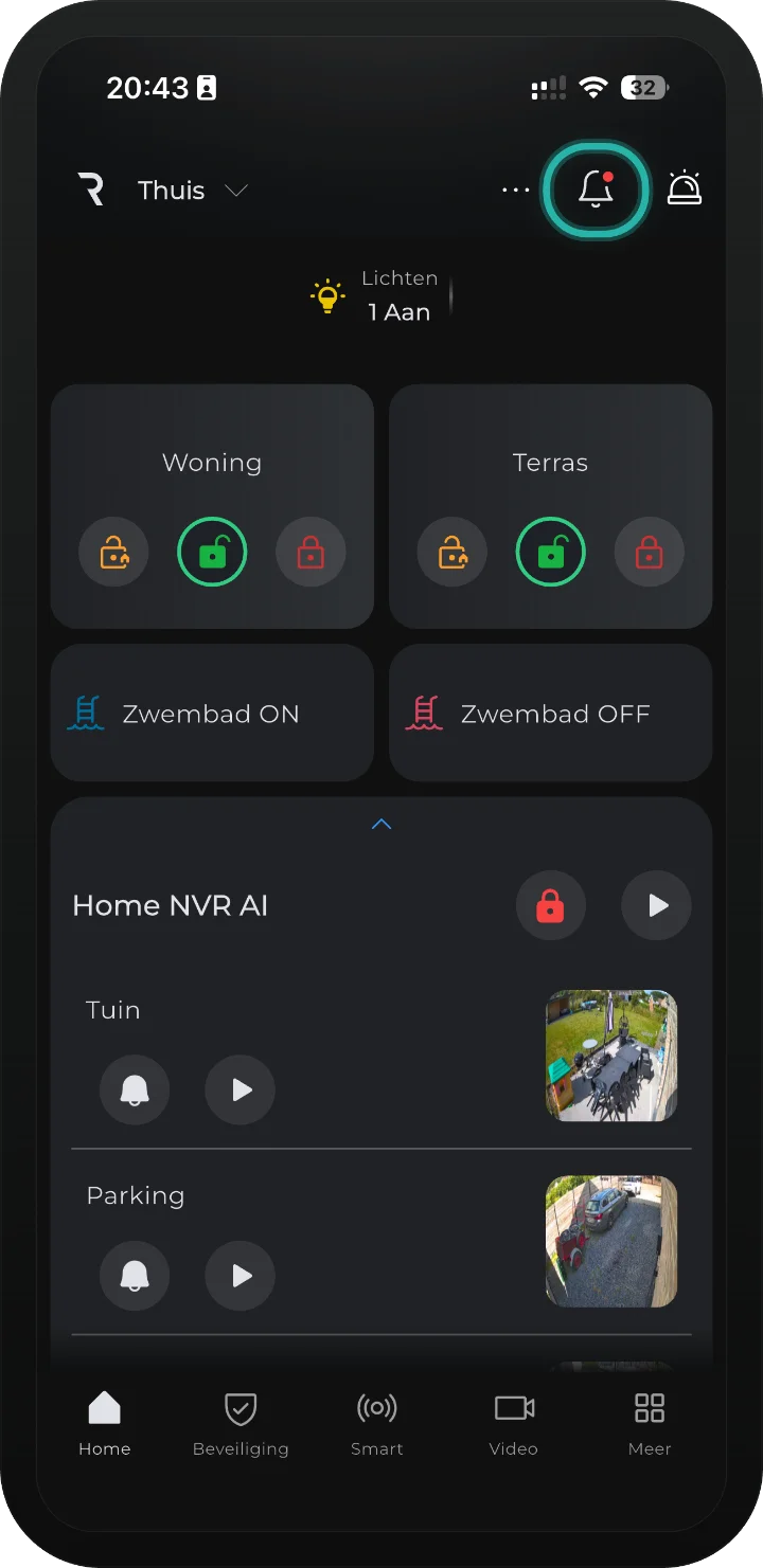iRISCO-app — startpagina met het belpictogram bovenaan gemarkeerd