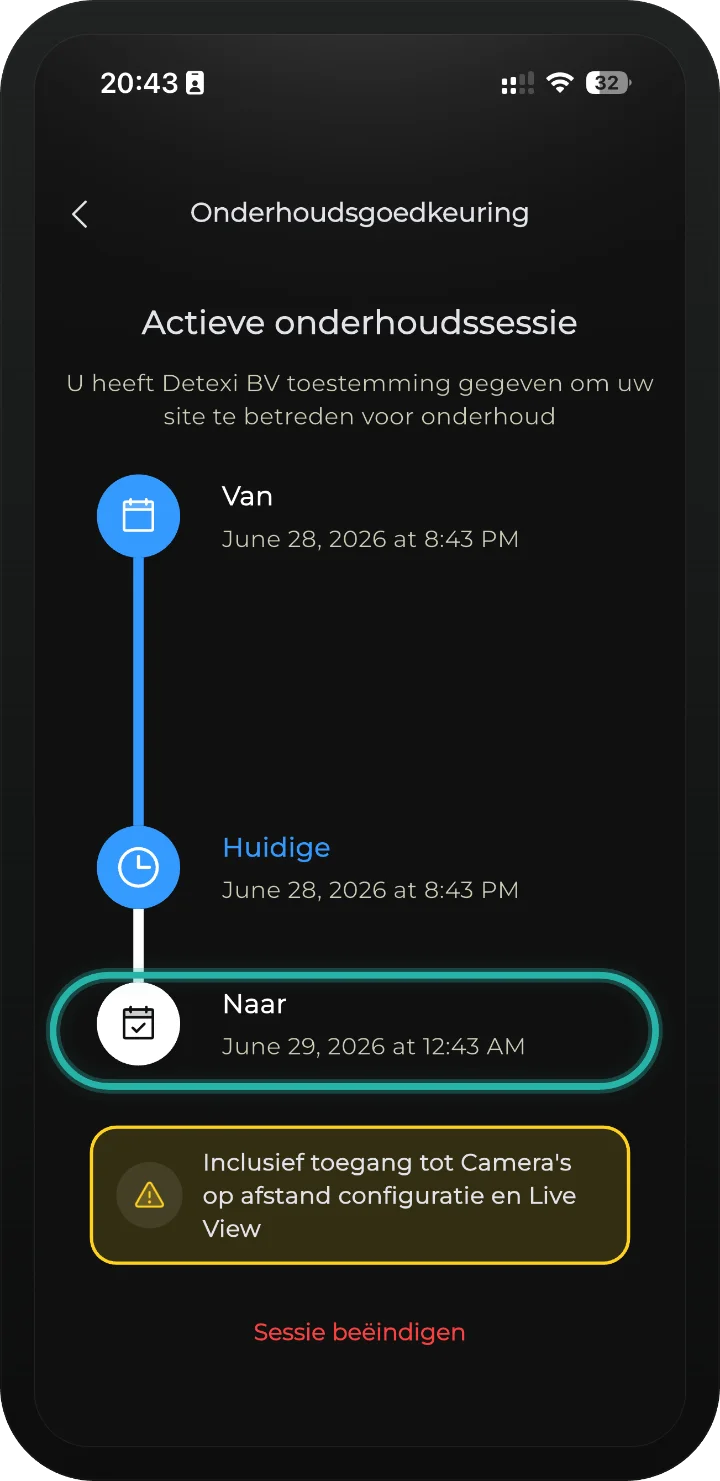 iRISCO-app — scherm Actieve onderhoudssessie met de einddatum (Naar) gemarkeerd
