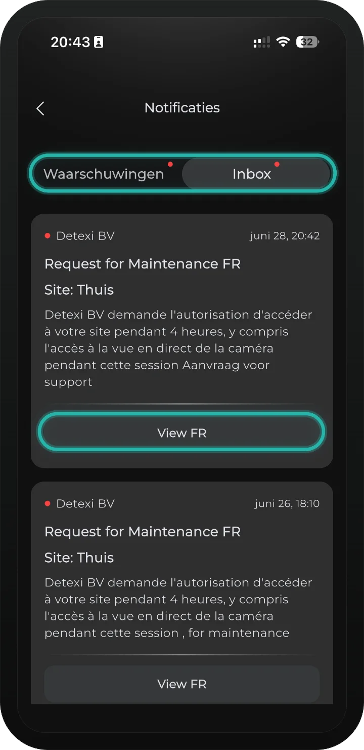 iRISCO-app — scherm Notificaties met de tabbladen Waarschuwingen en Inbox en de knop View gemarkeerd