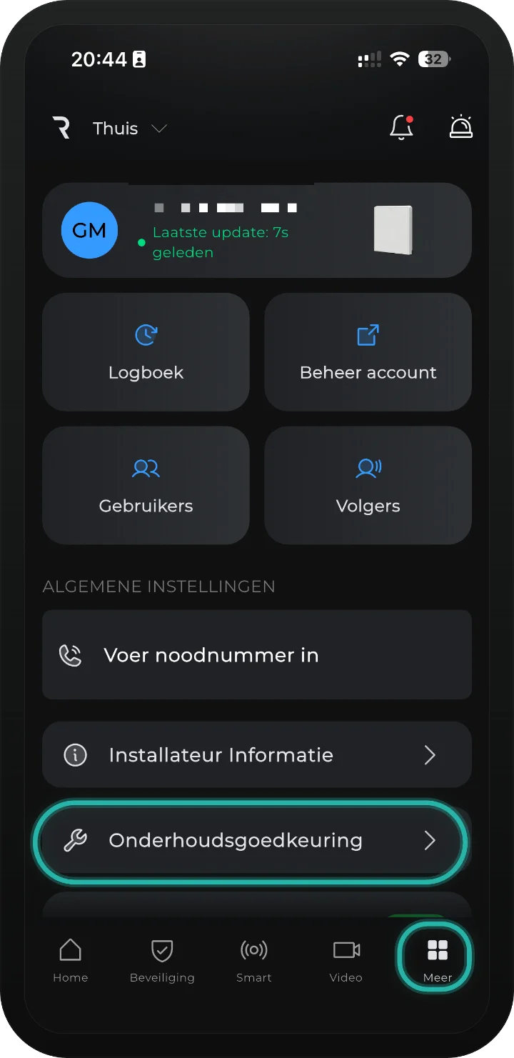 iRISCO-app — tabblad Meer met de knop Onderhoudsgoedkeuring gemarkeerd