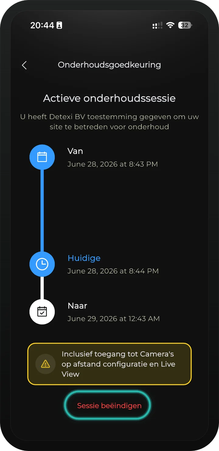 iRISCO-app — scherm Actieve onderhoudssessie met de knop Sessie beëindigen gemarkeerd