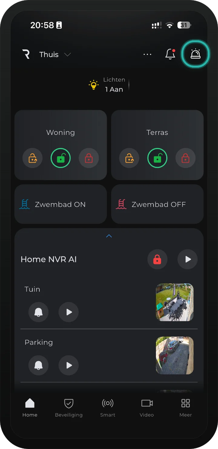 iRISCO-app — startpagina met het SOS-pictogram rechtsboven gemarkeerd