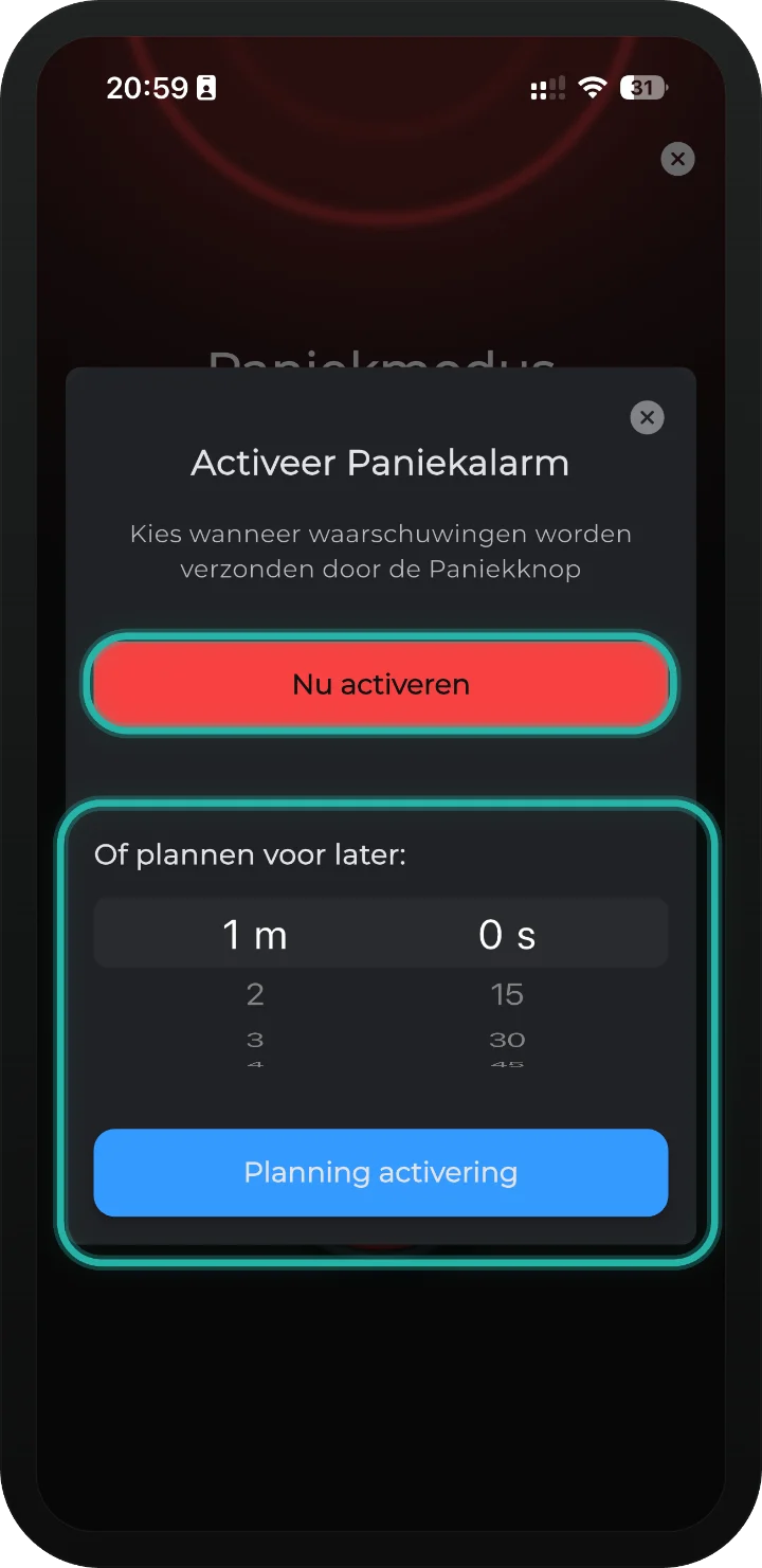 iRISCO-app — venster Activeer Paniekalarm met de knoppen Nu activeren en Planning activering gemarkeerd