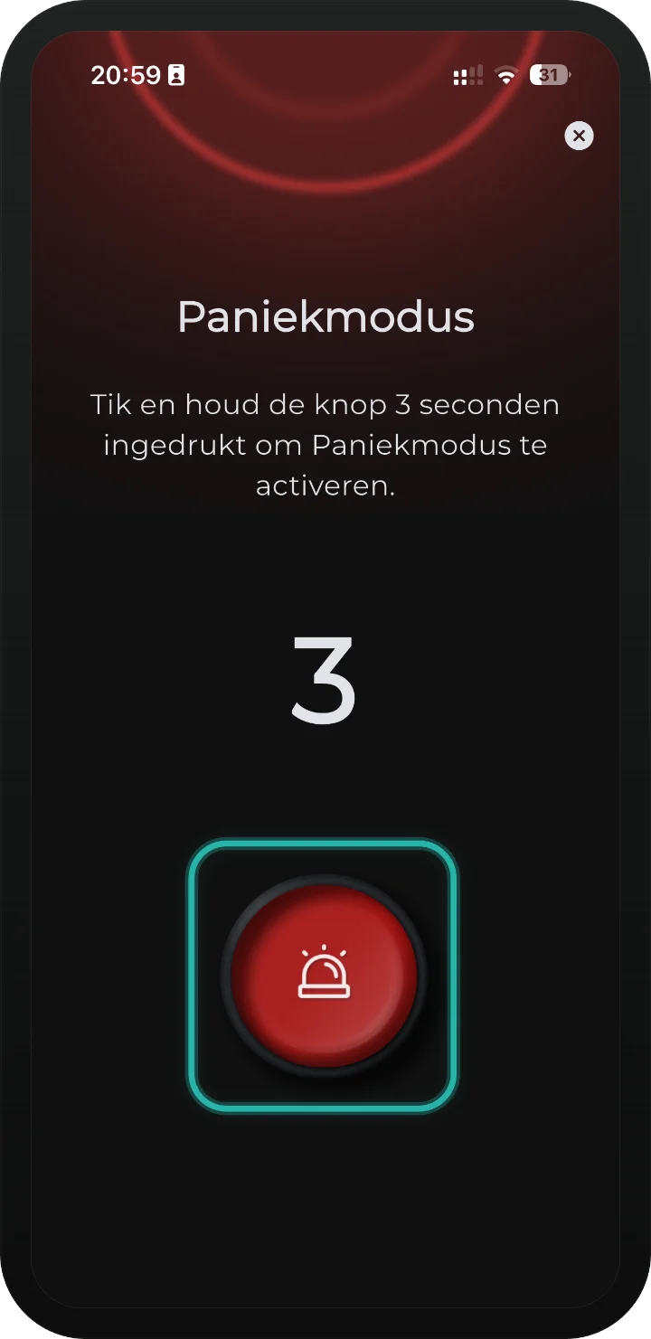 iRISCO-app — scherm Paniekmodus met de aftelteller en de rode paniekknop gemarkeerd