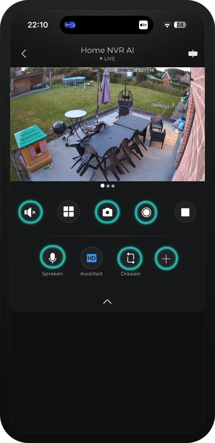 iRISCO-app — camerabeeld met de functieknoppen Spreken, foto, opname, draaien en plus gemarkeerd
