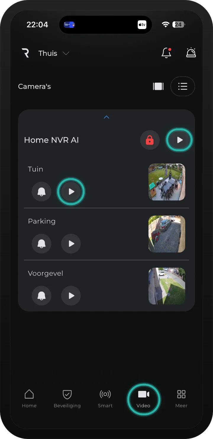 iRISCO-app — menu Video met de cameralijst en de afspeelknoppen gemarkeerd