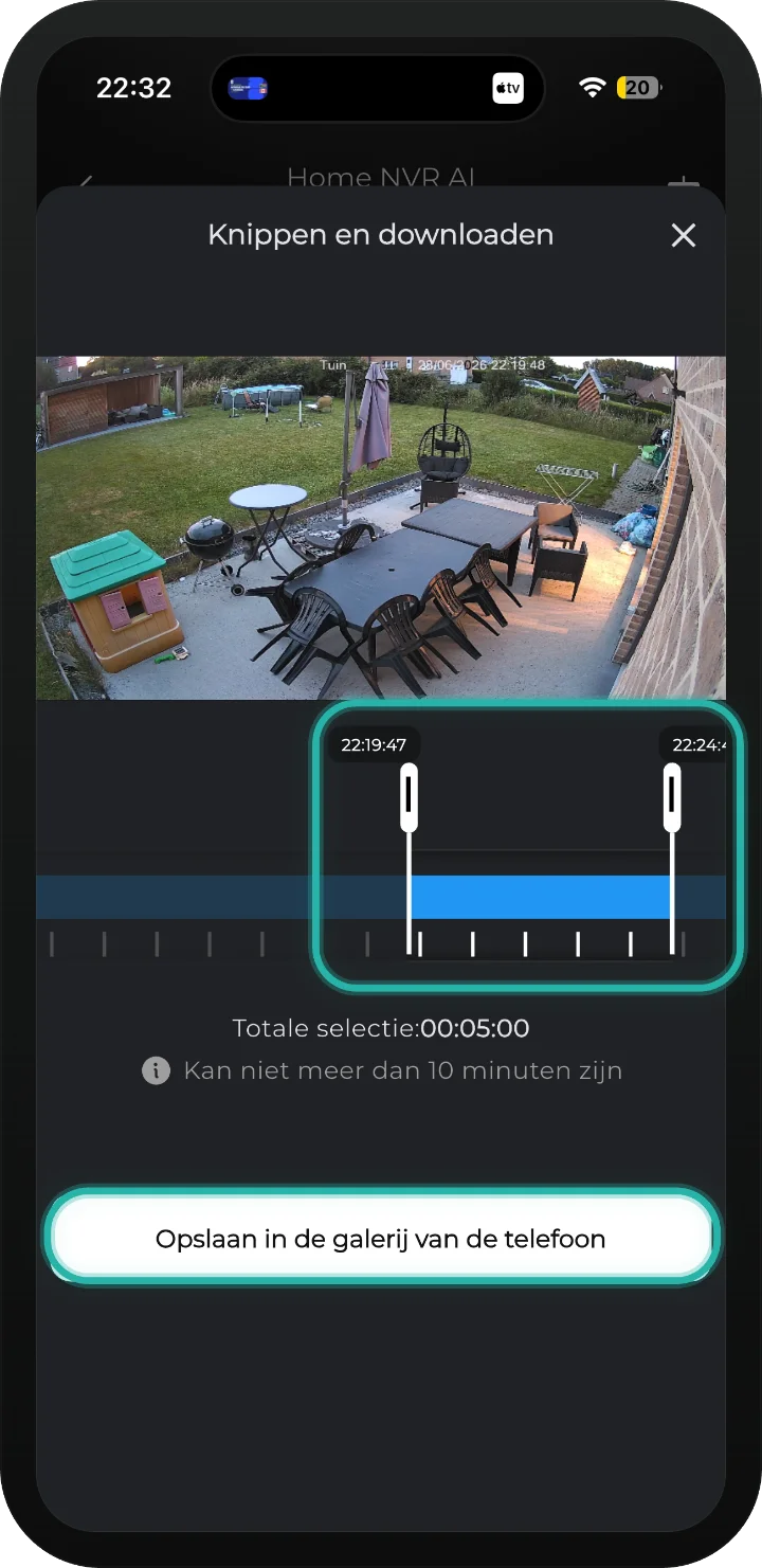 iRISCO-app — venster Knippen en downloaden met de tijdsbalk en de knop Opslaan in de galerij gemarkeerd