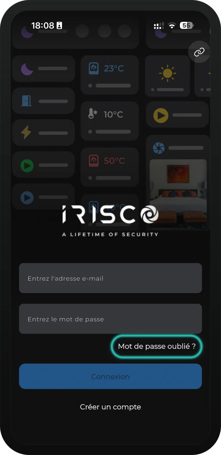 Application iRISCO — écran de connexion avec les champs e-mail et mot de passe