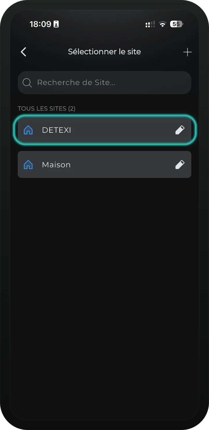 Application iRISCO avec l'écran « Sélectionner un site » et la liste des emplacements