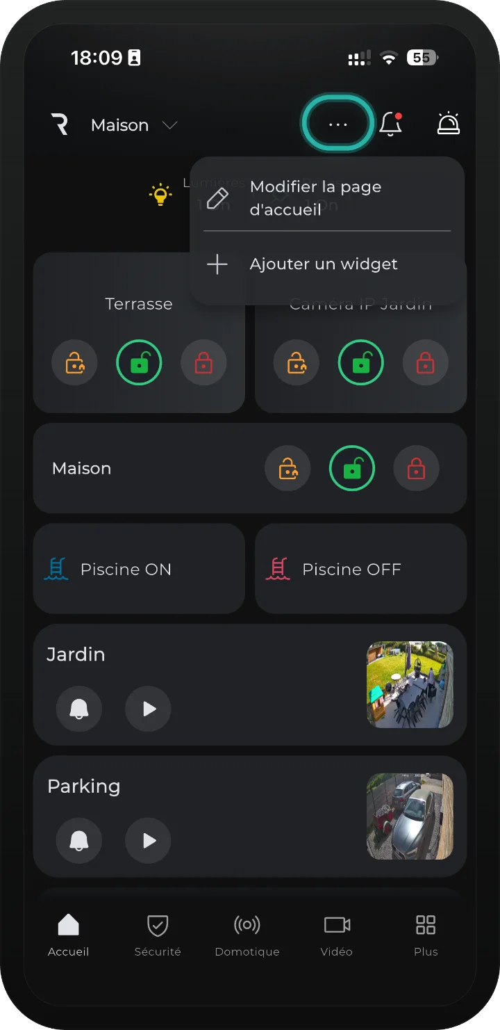 Application iRISCO — page d'accueil avec le menu « Modifier la page d'accueil » et « Ajouter un widget »