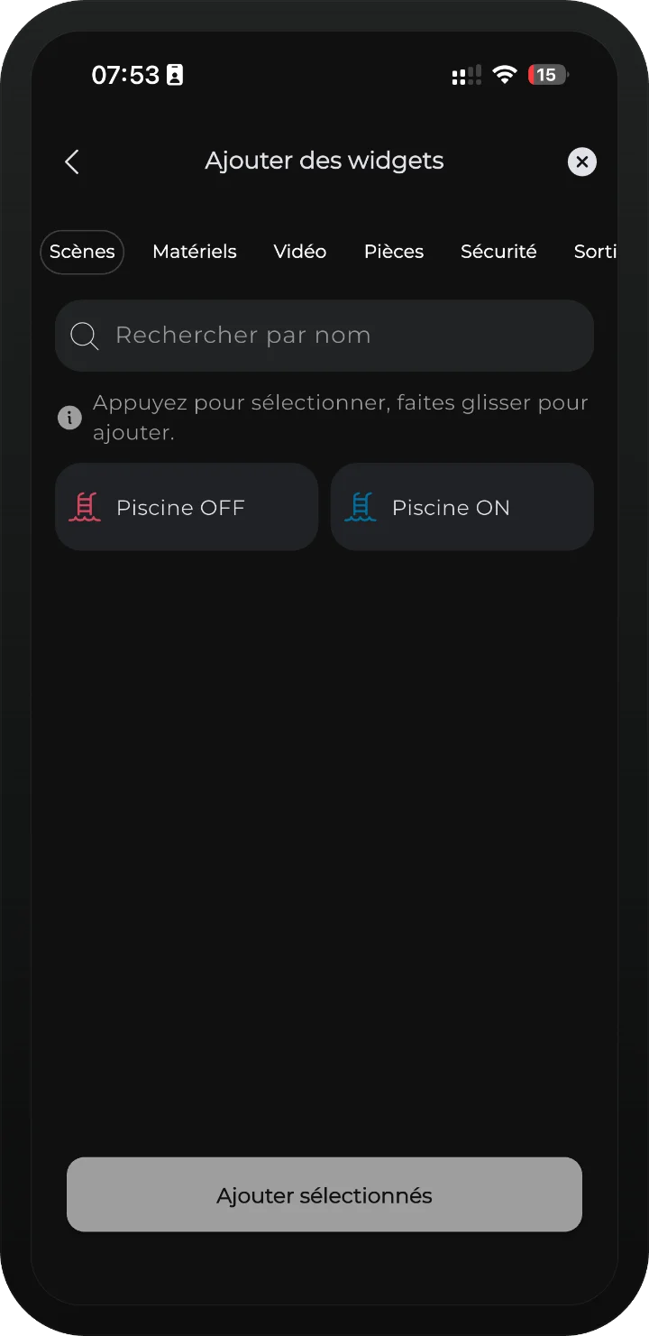 Application iRISCO — écran « Ajouter des widgets », onglet Scènes avec Piscine ON et Piscine OFF