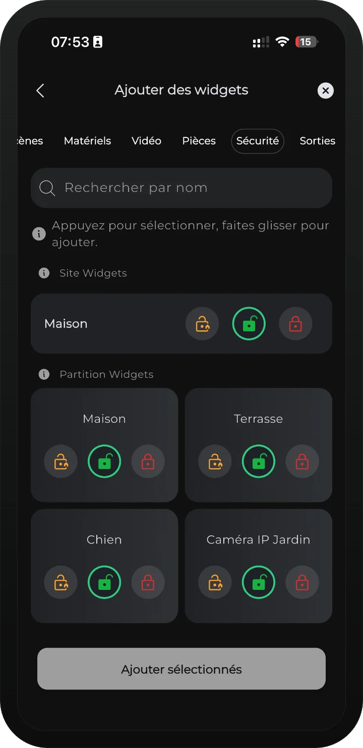 Application iRISCO — onglet Sécurité avec Site Widgets et Partition Widgets