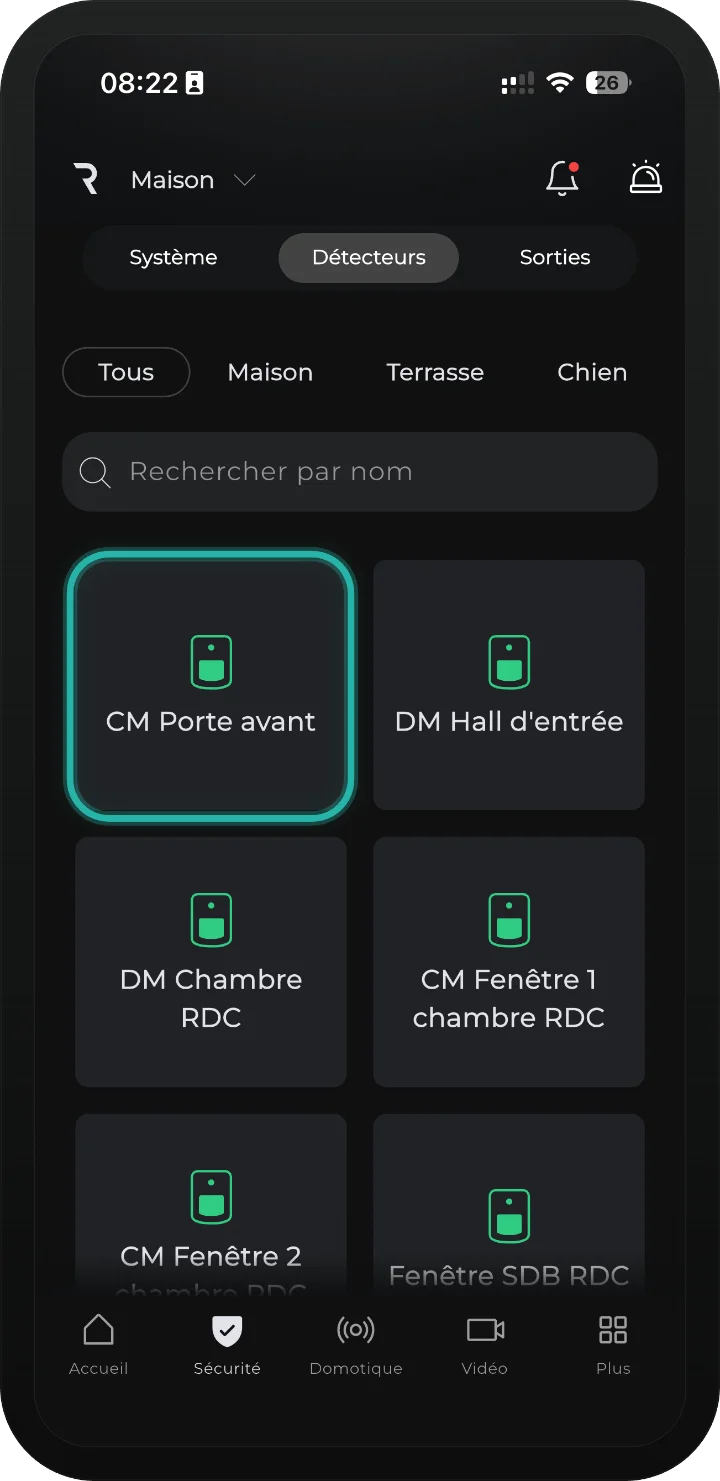 App iRISCO — onglet Détecteurs avec l'état de chaque détecteur ; un détecteur est mis en évidence pour l'exclure